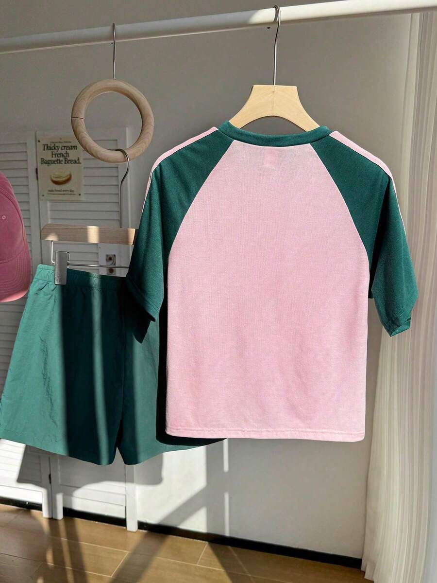 Genkimix Kids Young Girls Casual Light Sports Print Leopard Raglan T-Shirt With Cute Bow Front, Contrast Pink Knit Jersey Fabric, Y2K Retro Double Stripe Leopard Shorts Set, Suitable For Casual Activities, Street Style, Sports