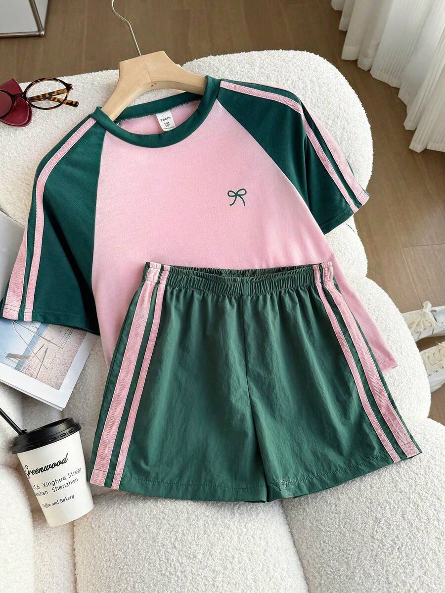 Genkimix Kids Young Girls Casual Light Sports Print Leopard Raglan T-Shirt With Cute Bow Front, Contrast Pink Knit Jersey Fabric, Y2K Retro Double Stripe Leopard Shorts Set, Suitable For Casual Activities, Street Style, Sports