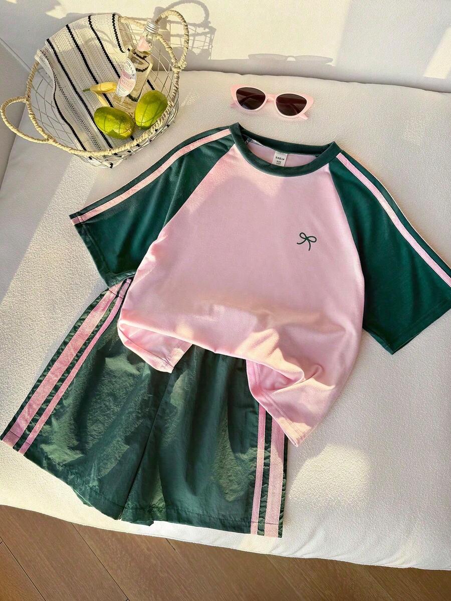 Genkimix Kids Young Girls Casual Light Sports Print Leopard Raglan T-Shirt With Cute Bow Front, Contrast Pink Knit Jersey Fabric, Y2K Retro Double Stripe Leopard Shorts Set, Suitable For Casual Activities, Street Style, Sports