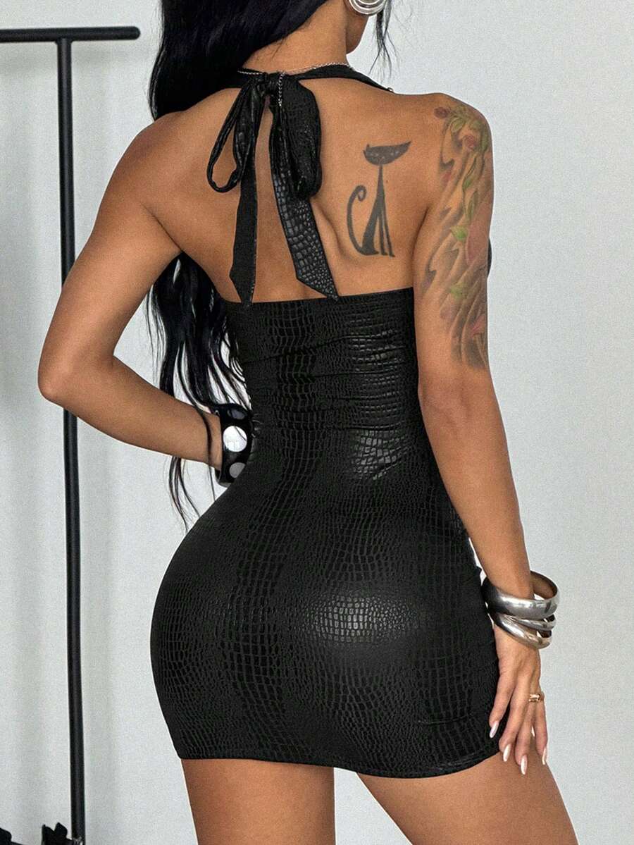 Women's sleeveless halter bodycon mini dress with studded details, cutout design, slim fit, and pencil hem