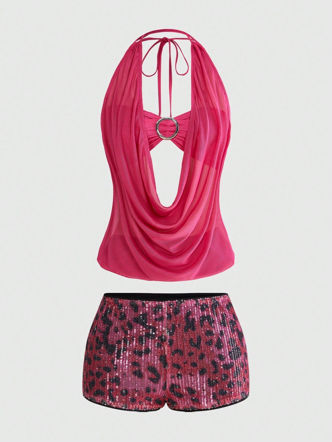 Women's two-piece outfit with a sleeveless halter cowl neck backless crop camisole, tie-back detail, bandeau inner, and leopard print shorts.