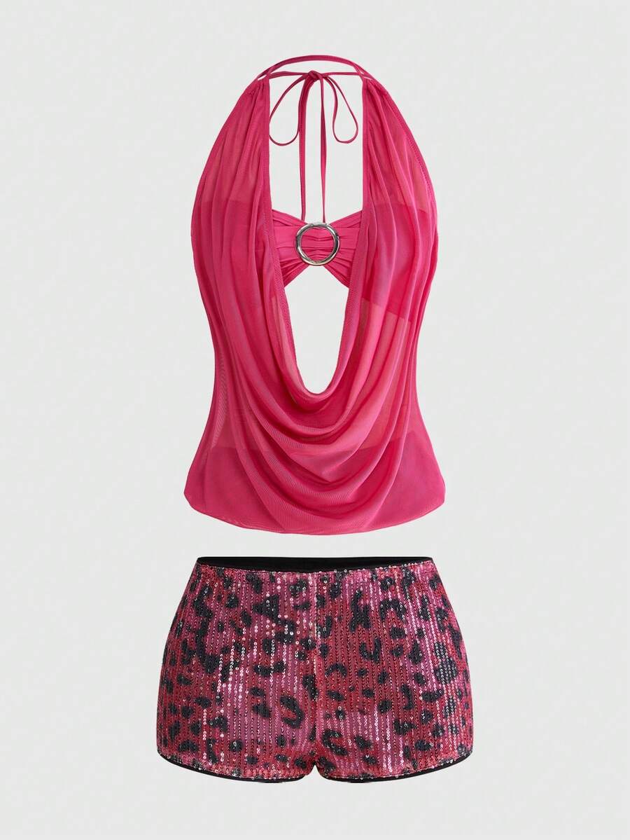 Women's two-piece outfit with a sleeveless halter cowl neck backless crop camisole, tie-back detail, bandeau inner, and leopard print shorts.