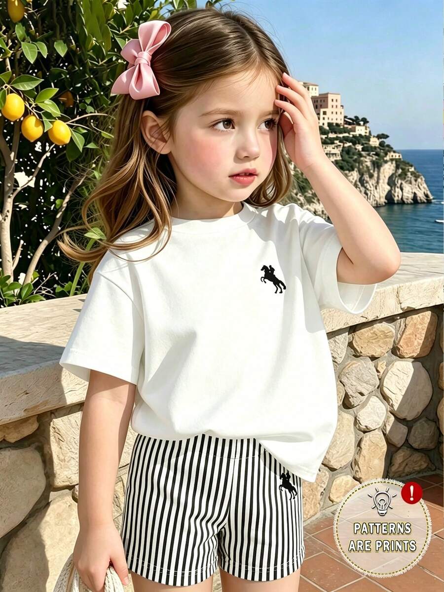Elladie kids 2pcs/Set 4-7 Years Old Girls Toddler Outfits,Summer Cherry Bow Print Blue & White Striped Round Neck Short Sleeve T-Shirt + Shorts,Fresh Cute Style