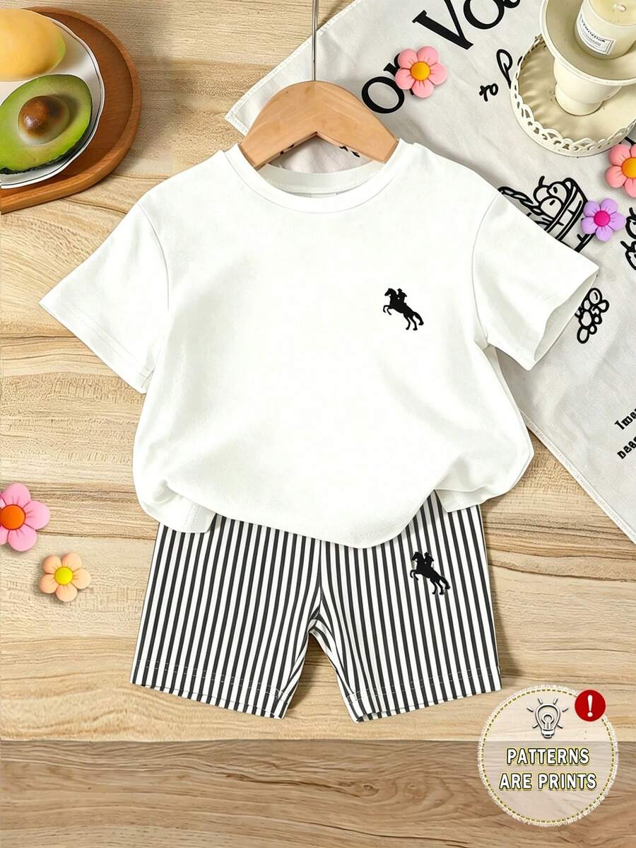 Elladie kids 2pcs/Set 4-7 Years Old Girls Toddler Outfits,Summer Cherry Bow Print Blue & White Striped Round Neck Short Sleeve T-Shirt + Shorts,Fresh Cute Style