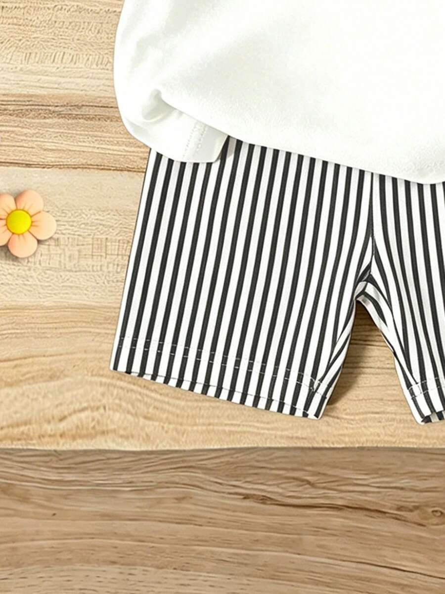 Elladie kids 2pcs/Set 4-7 Years Old Girls Toddler Outfits,Summer Cherry Bow Print Blue & White Striped Round Neck Short Sleeve T-Shirt + Shorts,Fresh Cute Style