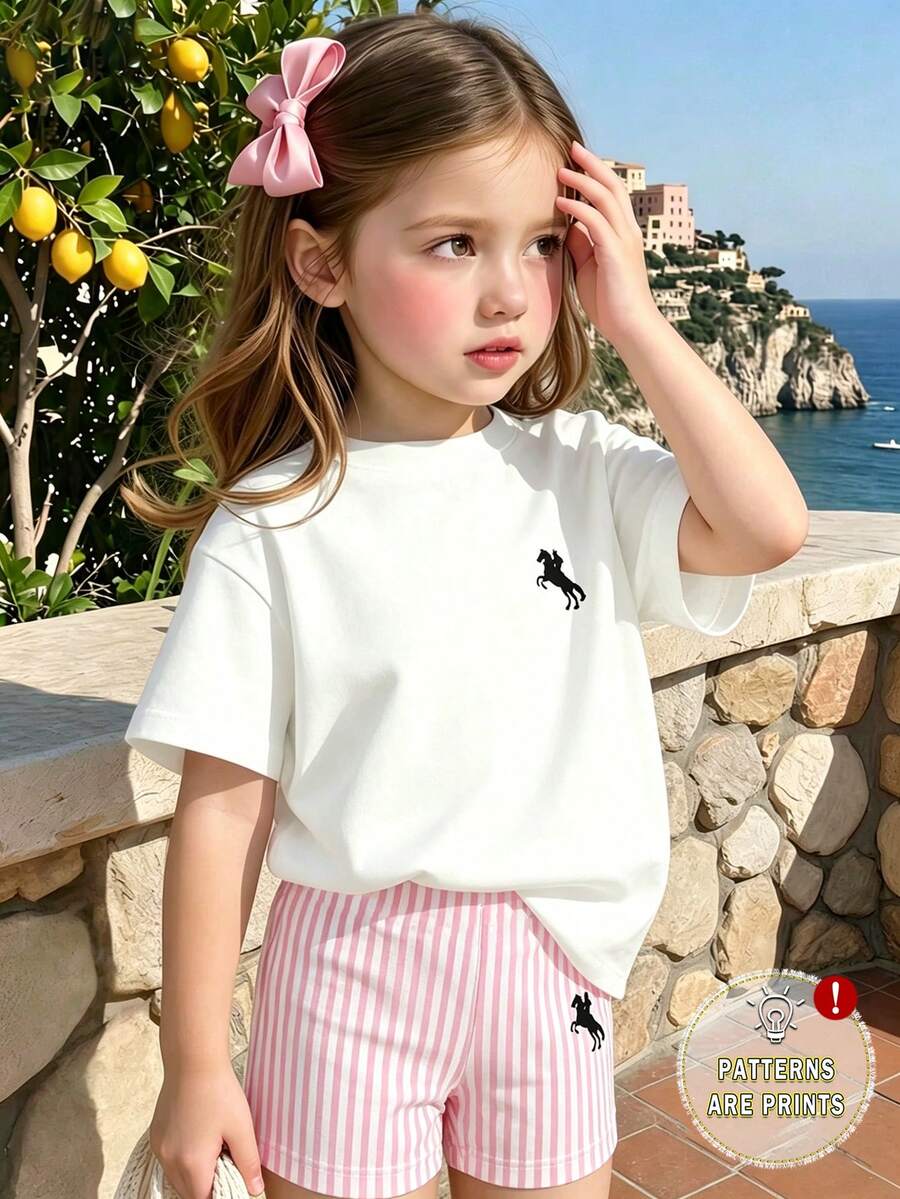 Elladie kids 2pcs/Set 4-7 Years Old Girls Toddler Outfits,Summer Cherry Bow Print Blue & White Striped Round Neck Short Sleeve T-Shirt + Shorts,Fresh Cute Style