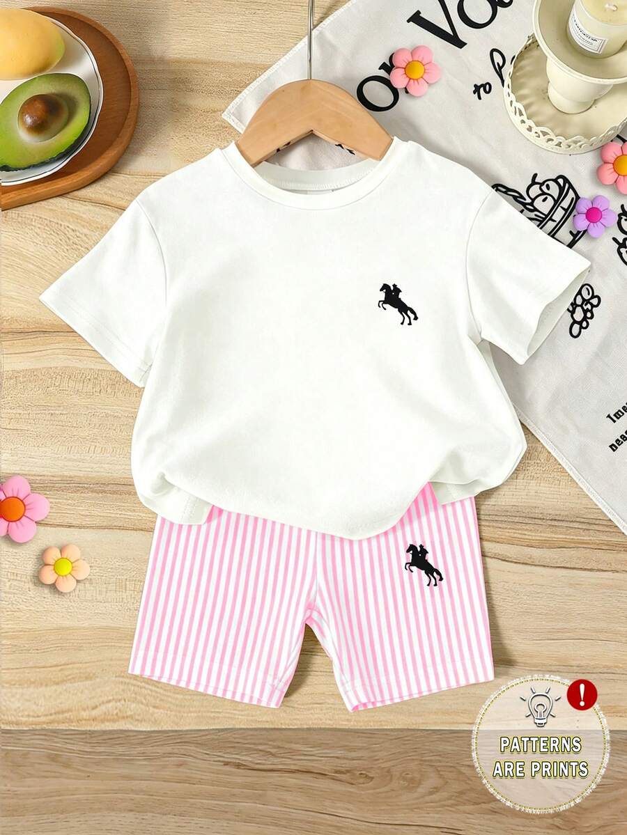 Elladie kids 2pcs/Set 4-7 Years Old Girls Toddler Outfits,Summer Cherry Bow Print Blue & White Striped Round Neck Short Sleeve T-Shirt + Shorts,Fresh Cute Style