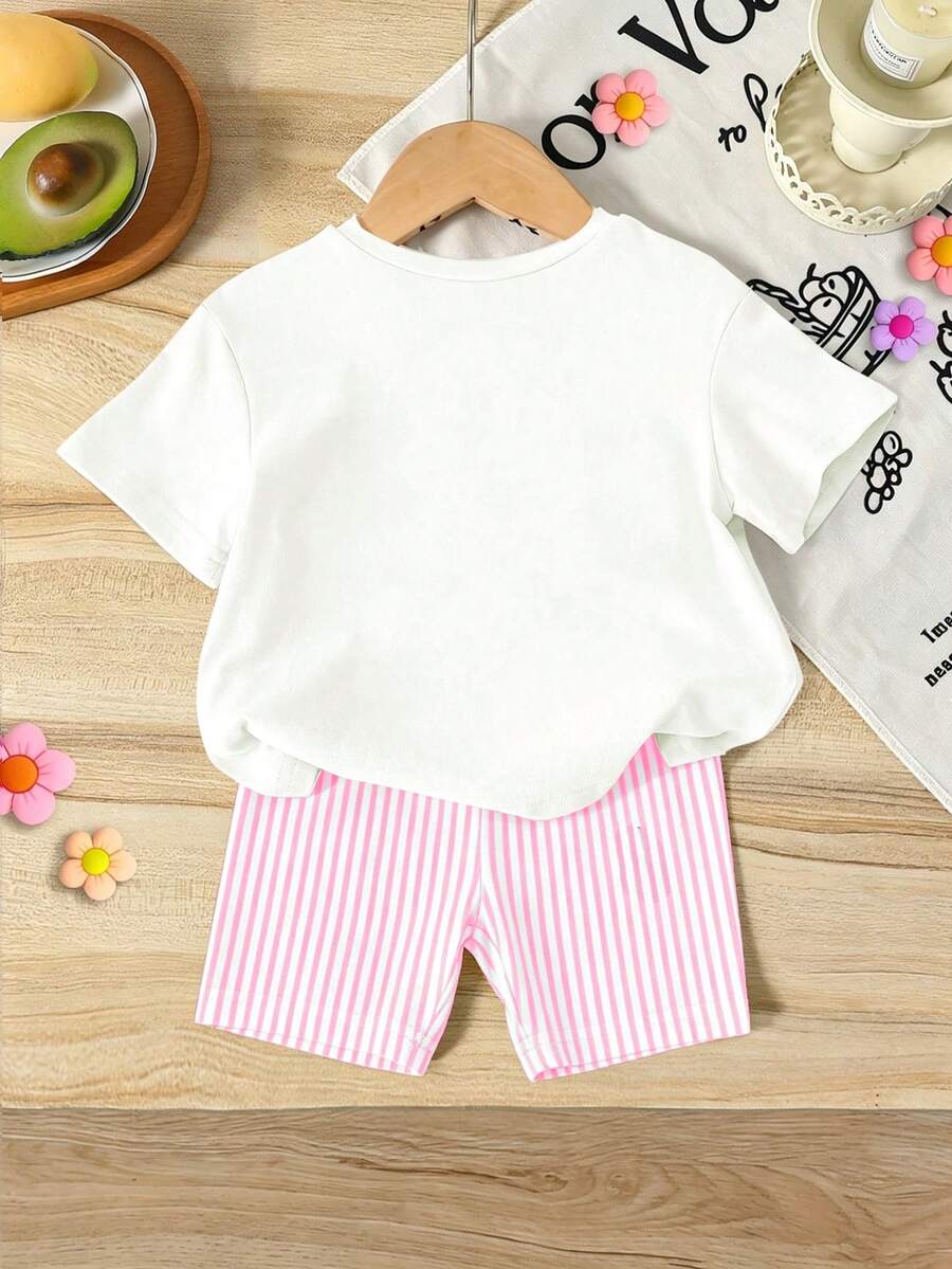 Elladie kids 2pcs/Set 4-7 Years Old Girls Toddler Outfits,Summer Cherry Bow Print Blue & White Striped Round Neck Short Sleeve T-Shirt + Shorts,Fresh Cute Style