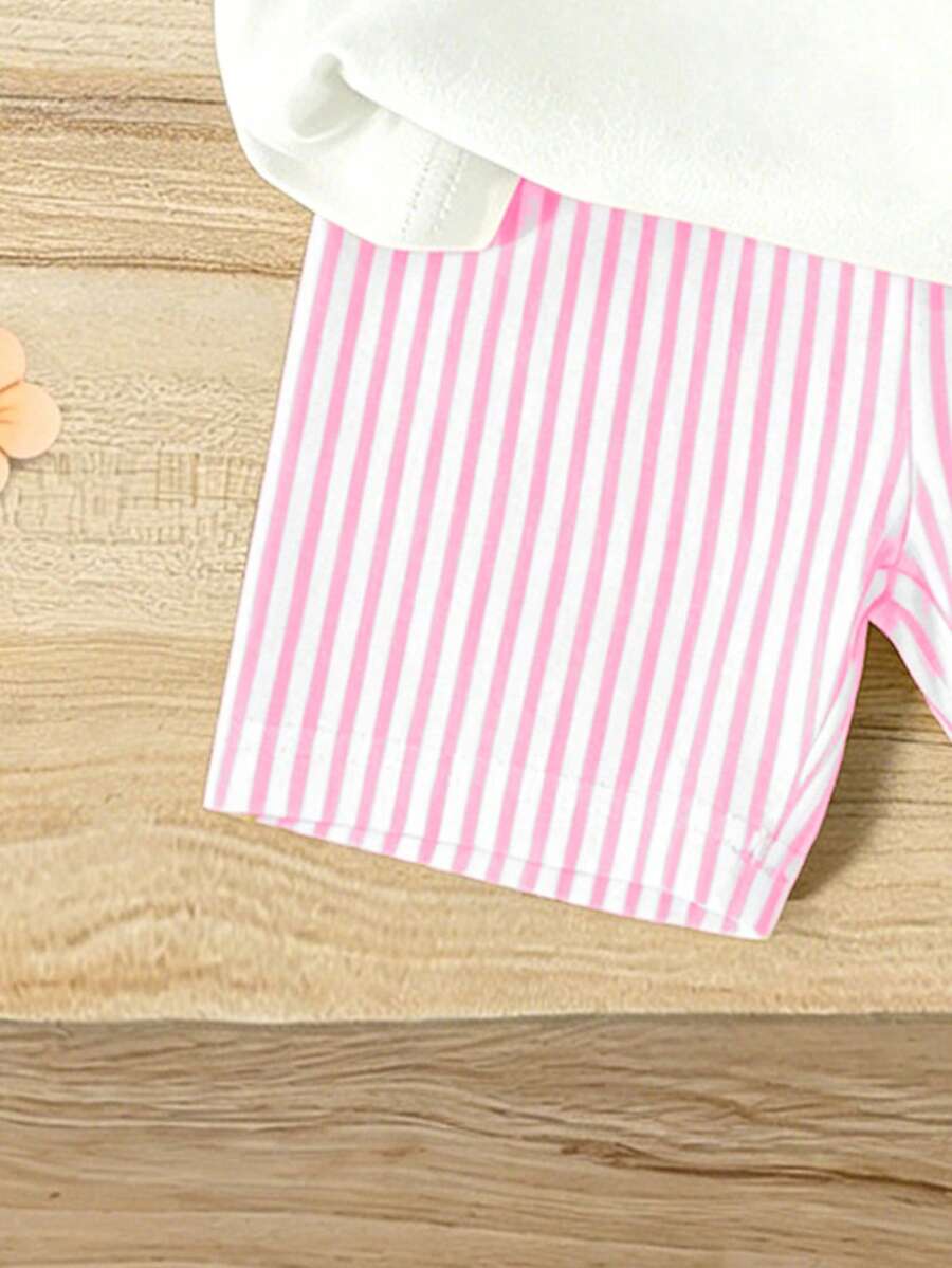 Elladie kids 2pcs/Set 4-7 Years Old Girls Toddler Outfits,Summer Cherry Bow Print Blue & White Striped Round Neck Short Sleeve T-Shirt + Shorts,Fresh Cute Style