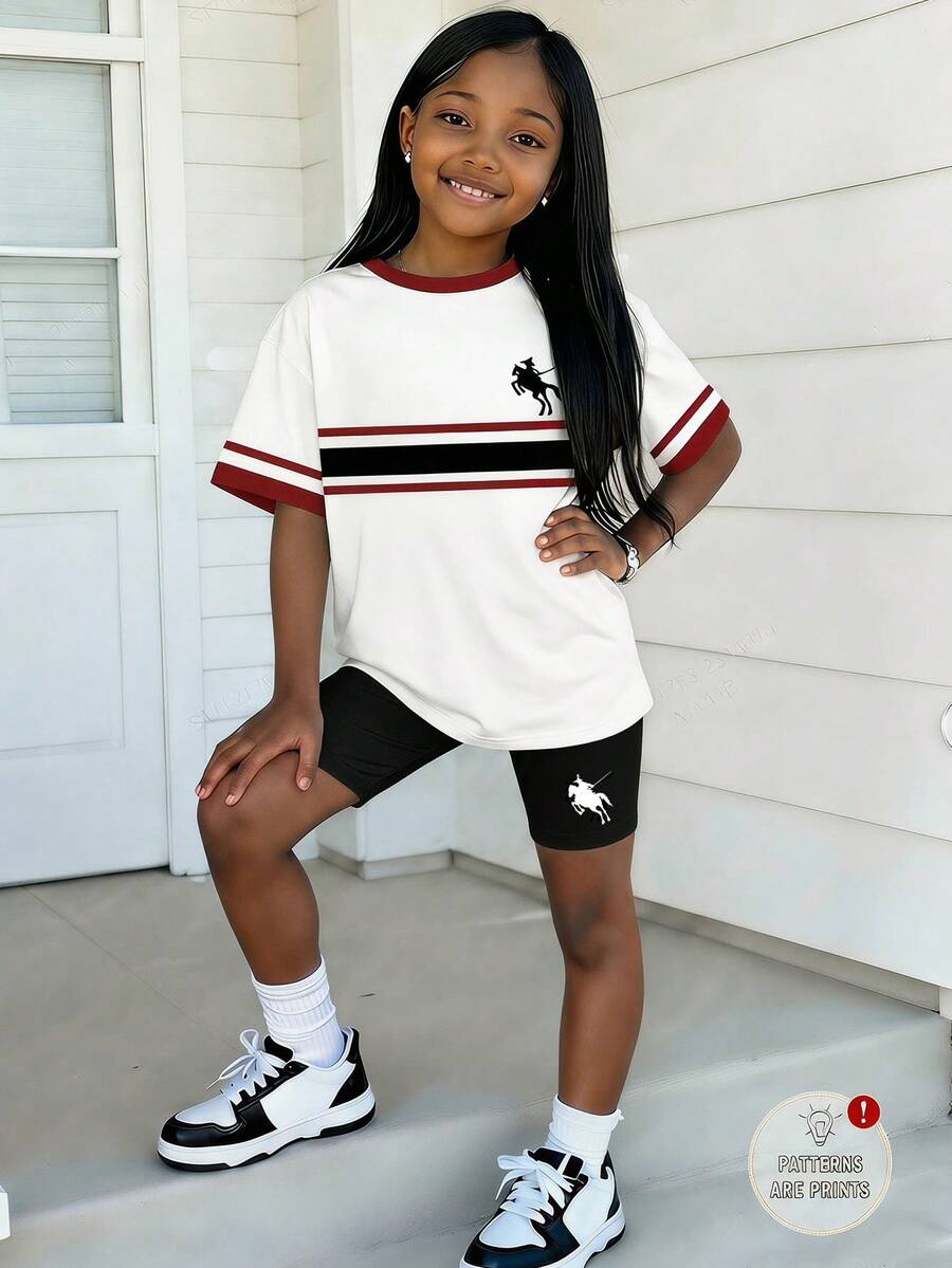 Elladie kids 2pcs/Set 4-7 Years Old Girls Toddler Outfits,Summer Cherry Bow Print Blue & White Striped Round Neck Short Sleeve T-Shirt + Shorts,Fresh Cute Style