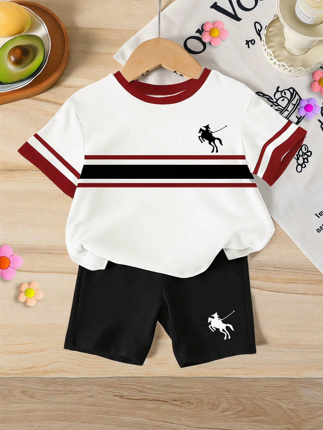 Elladie kids 2pcs/Set 4-7 Years Old Girls Toddler Outfits,Summer Cherry Bow Print Blue & White Striped Round Neck Short Sleeve T-Shirt + Shorts,Fresh Cute Style