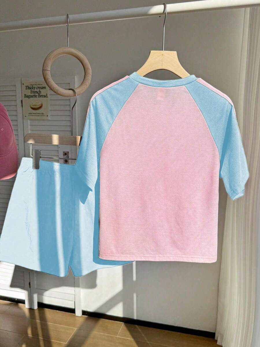 Genkimix Kids Young Girls Casual Light Sports Print Leopard Raglan T-Shirt With Cute Bow Front, Contrast Pink Knit Jersey Fabric, Y2K Retro Double Stripe Leopard Shorts Set, Suitable For Casual Activities, Street Style, Sports