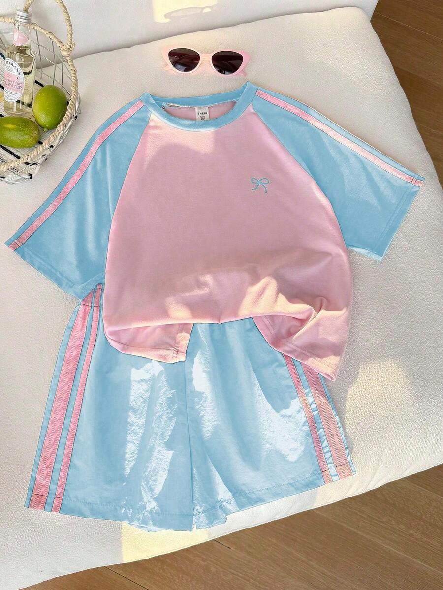 Genkimix Kids Young Girls Casual Light Sports Print Leopard Raglan T-Shirt With Cute Bow Front, Contrast Pink Knit Jersey Fabric, Y2K Retro Double Stripe Leopard Shorts Set, Suitable For Casual Activities, Street Style, Sports