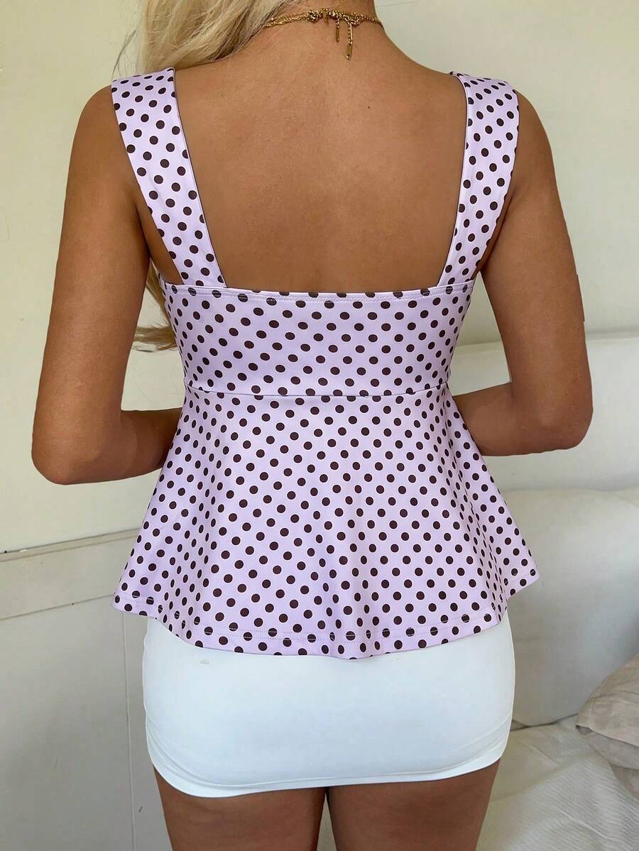 2026 Spring/Summer Women's New Arrival: Brown And White Polka Dot Sweet Vintage 2000s Cute Casual Versatile Ruffle Drawstring Top/Tank Vacation