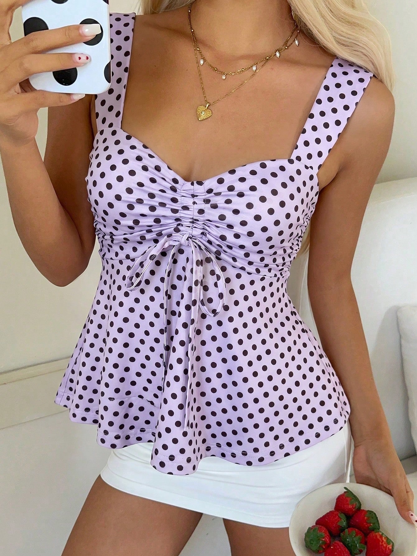 CovetEZ 2026 Spring/Summer New Women's Apparel: Black Polka Dot Cute Casual Versatile Ruffle Drawstring Blouse/Tank Top,Summer Top