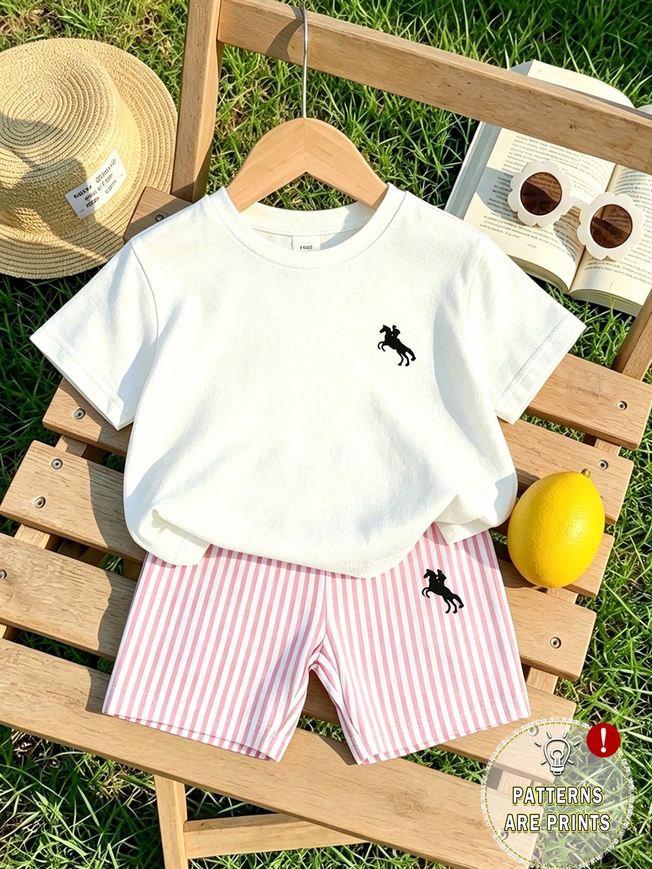 Elladie kids 2pcs/Set 4-7 Years Old Girls Toddler Outfits,Summer Cherry Bow Print Blue & White Striped Round Neck Short Sleeve T-Shirt + Shorts,Fresh Cute Style