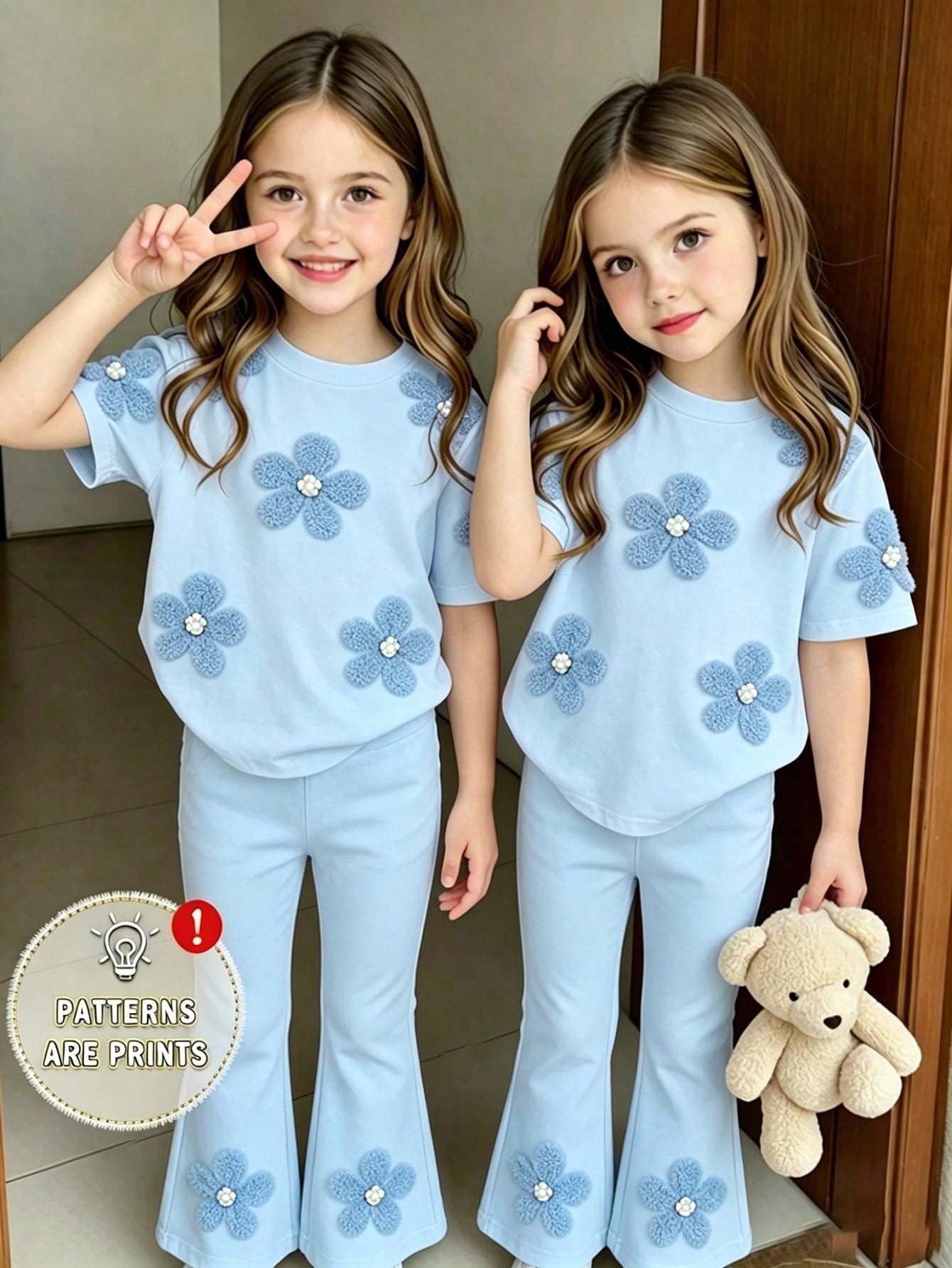 Elladie kids 2pcs/Set Young Girl Casual Butterfly Print Short Sleeve T-Shirt And Flare Pants,Cute Cartoon Graphic Fashionable Summer Clothes For School Outfit