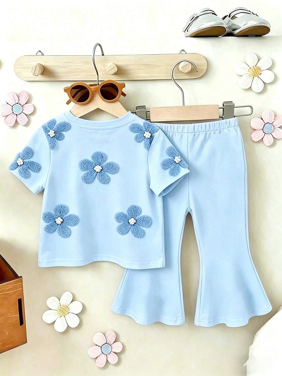Elladie kids 2pcs/Set Young Girl Casual Butterfly Print Short Sleeve T-Shirt And Flare Pants,Cute Cartoon Graphic Fashionable Summer Clothes For School Outfit
