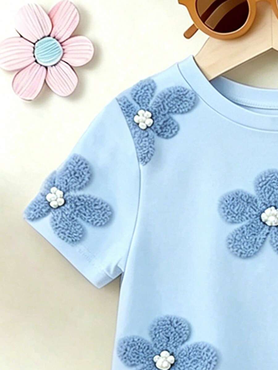 Elladie kids 2pcs/Set Young Girl Casual Butterfly Print Short Sleeve T-Shirt And Flare Pants,Cute Cartoon Graphic Fashionable Summer Clothes For School Outfit