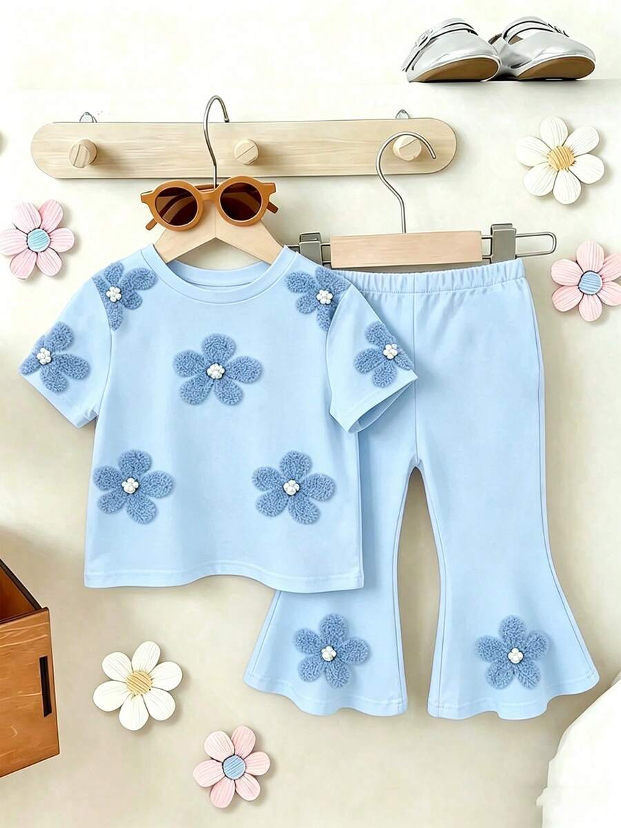 Elladie kids 2pcs/Set Young Girl Casual Butterfly Print Short Sleeve T-Shirt And Flare Pants,Cute Cartoon Graphic Fashionable Summer Clothes For School Outfit