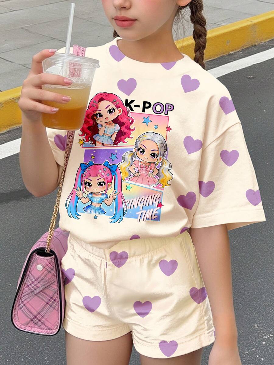 Young Girl Young Girl Casual Minimalist Short Sleeve T-Shirt And Shorts 2-Piece Set Suitable For Summer