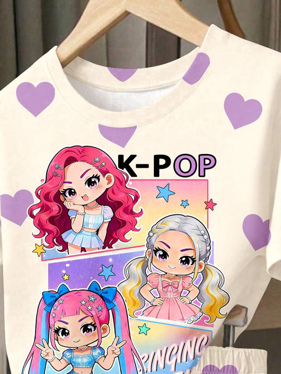 Young Girl Young Girl Casual Minimalist Short Sleeve T-Shirt And Shorts 2-Piece Set Suitable For Summer