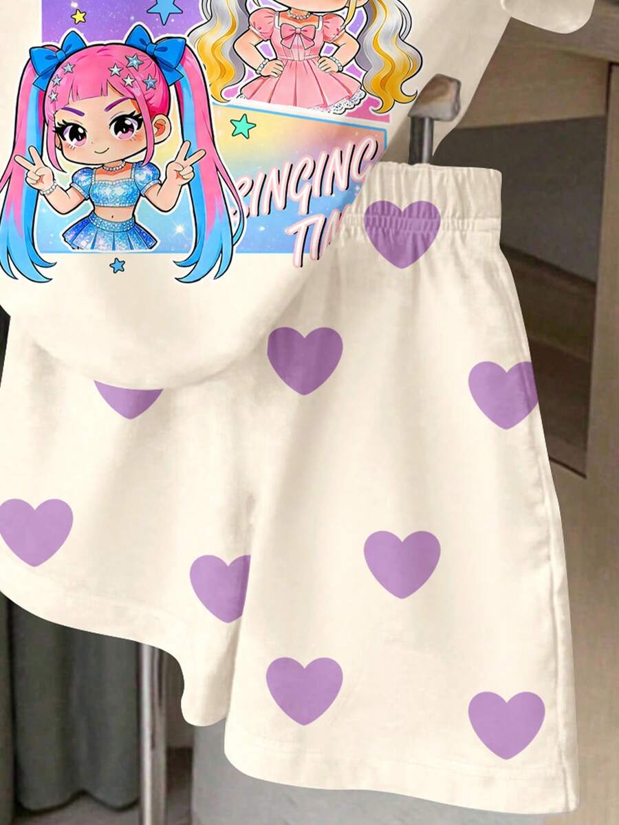 Young Girl Young Girl Casual Minimalist Short Sleeve T-Shirt And Shorts 2-Piece Set Suitable For Summer