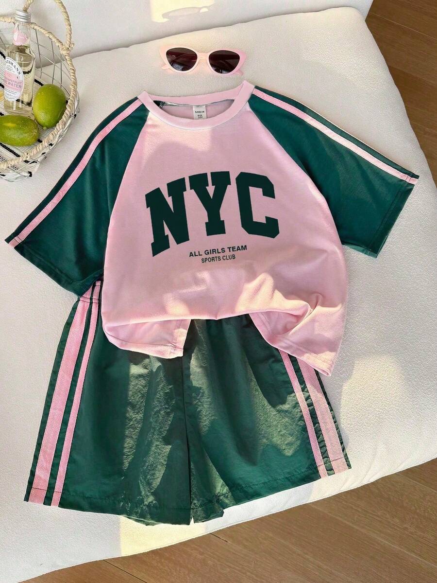 Genkimix Kids Young Girls Casual Light Sports Print Leopard Raglan T-Shirt With Cute Bow Front, Contrast Pink Knit Jersey Fabric, Y2K Retro Double Stripe Leopard Shorts Set, Suitable For Casual Activities, Street Style, Sports