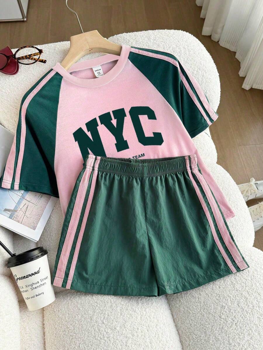 Genkimix Kids Young Girls Casual Light Sports Print Leopard Raglan T-Shirt With Cute Bow Front, Contrast Pink Knit Jersey Fabric, Y2K Retro Double Stripe Leopard Shorts Set, Suitable For Casual Activities, Street Style, Sports