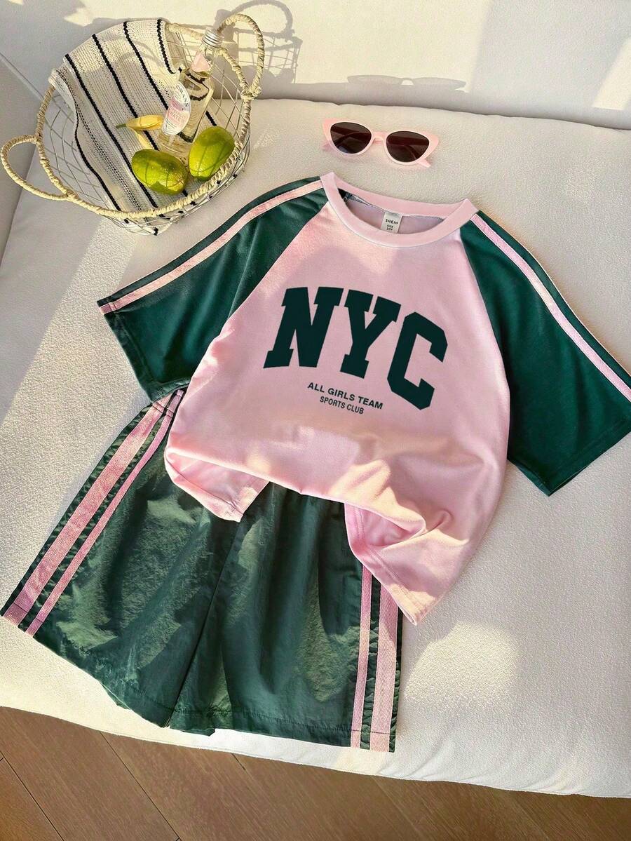 Genkimix Kids Young Girls Casual Light Sports Print Leopard Raglan T-Shirt With Cute Bow Front, Contrast Pink Knit Jersey Fabric, Y2K Retro Double Stripe Leopard Shorts Set, Suitable For Casual Activities, Street Style, Sports