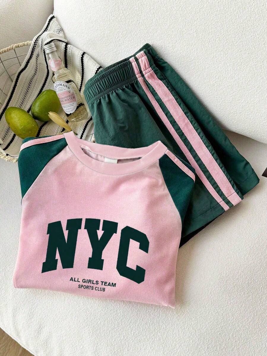 Genkimix Kids Young Girls Casual Light Sports Print Leopard Raglan T-Shirt With Cute Bow Front, Contrast Pink Knit Jersey Fabric, Y2K Retro Double Stripe Leopard Shorts Set, Suitable For Casual Activities, Street Style, Sports