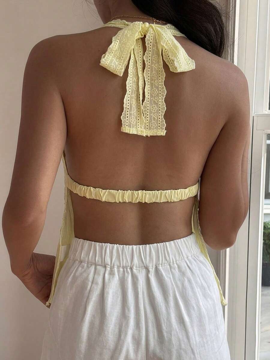 Women's Contrast Color Lace Camisole Tank Top, Suitable For Vacation Cruise Travel, Summer Pale Yellow