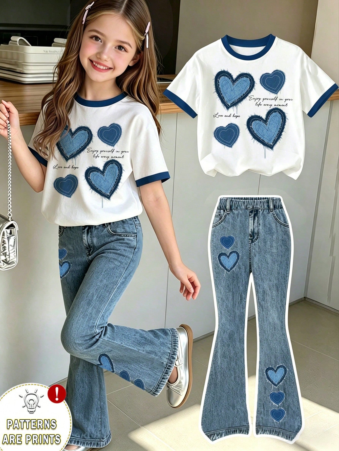 Elladie kids 2pcs/Set Young Girl Casual Butterfly Print Short Sleeve T-Shirt And Flare Pants,Cute Cartoon Graphic Fashionable Summer Clothes For School Outfit