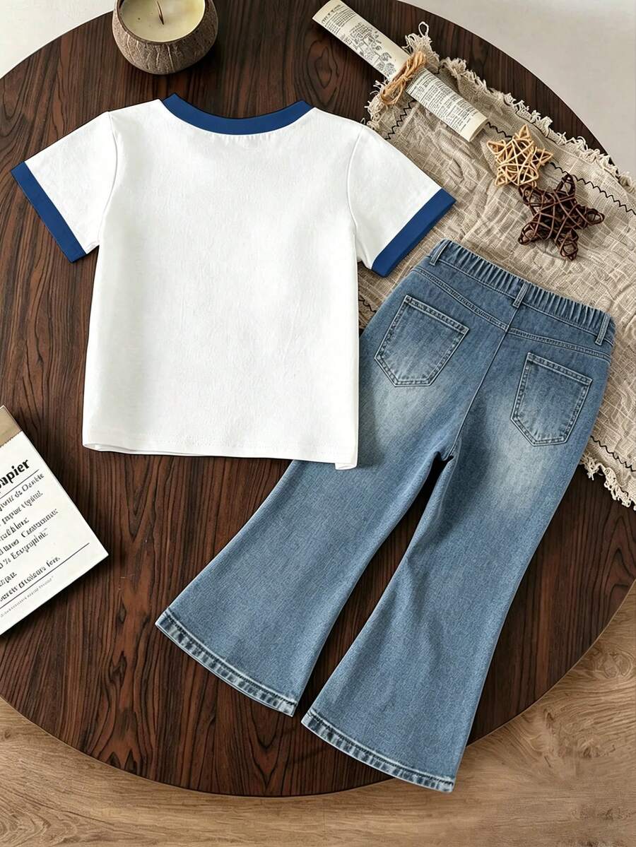 Elladie kids 2pcs/Set Young Girl Casual Butterfly Print Short Sleeve T-Shirt And Flare Pants,Cute Cartoon Graphic Fashionable Summer Clothes For School Outfit
