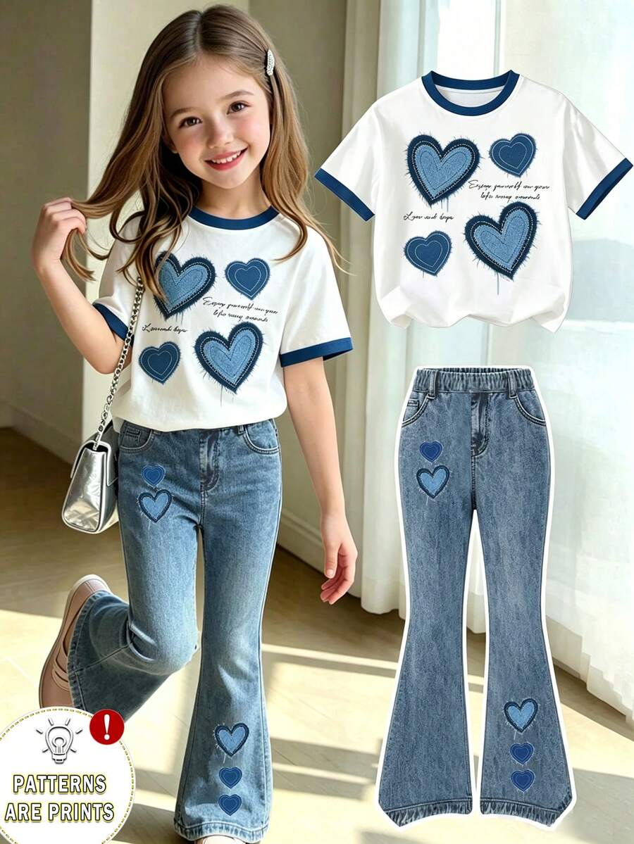 Elladie kids 2pcs/Set Young Girl Casual Butterfly Print Short Sleeve T-Shirt And Flare Pants,Cute Cartoon Graphic Fashionable Summer Clothes For School Outfit