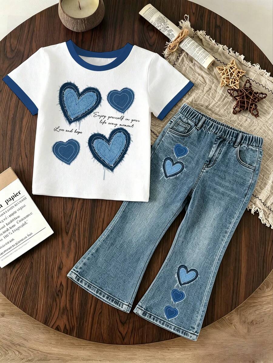 Elladie kids 2pcs/Set Young Girl Casual Butterfly Print Short Sleeve T-Shirt And Flare Pants,Cute Cartoon Graphic Fashionable Summer Clothes For School Outfit