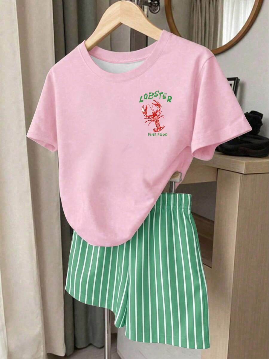 Young Girl Young Girl Casual Minimalist Short Sleeve T-Shirt And Shorts 2-Piece Set Suitable For Summer
