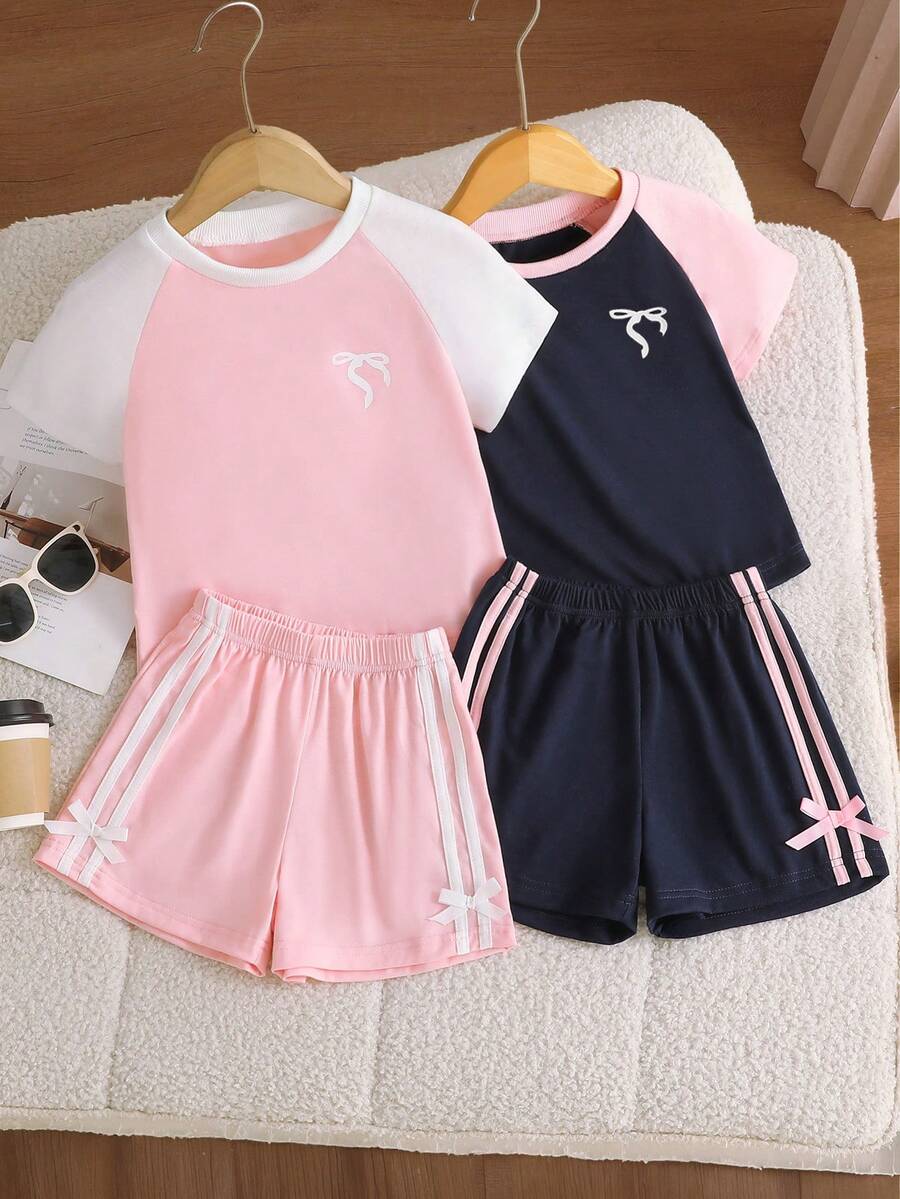 Genkimix Kids Young Girls Casual Light Sports Print Leopard Raglan T-Shirt With Cute Bow Front, Contrast Pink Knit Jersey Fabric, Y2K Retro Double Stripe Leopard Shorts Set, Suitable For Casual Activities, Street Style, Sports