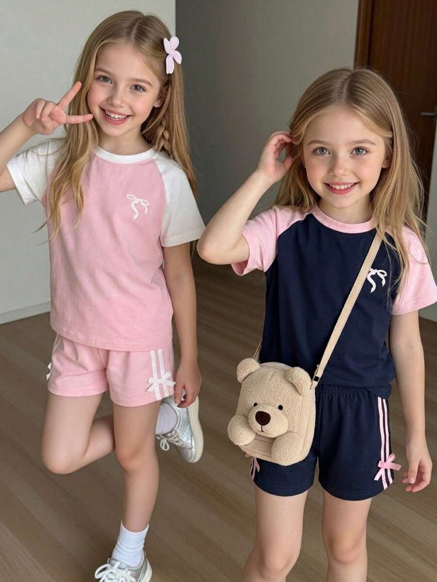 Genkimix Kids Young Girls Casual Light Sports Print Leopard Raglan T-Shirt With Cute Bow Front, Contrast Pink Knit Jersey Fabric, Y2K Retro Double Stripe Leopard Shorts Set, Suitable For Casual Activities, Street Style, Sports