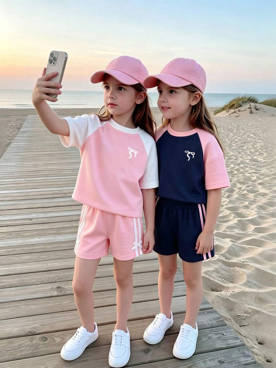Genkimix Kids Young Girls Casual Light Sports Print Leopard Raglan T-Shirt With Cute Bow Front, Contrast Pink Knit Jersey Fabric, Y2K Retro Double Stripe Leopard Shorts Set, Suitable For Casual Activities, Street Style, Sports