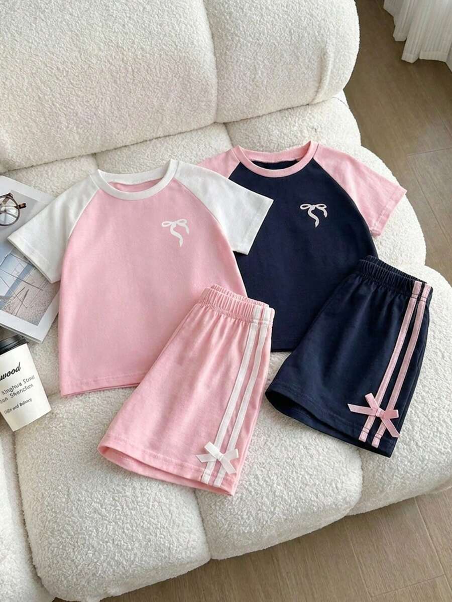 Genkimix Kids Young Girls Casual Light Sports Print Leopard Raglan T-Shirt With Cute Bow Front, Contrast Pink Knit Jersey Fabric, Y2K Retro Double Stripe Leopard Shorts Set, Suitable For Casual Activities, Street Style, Sports