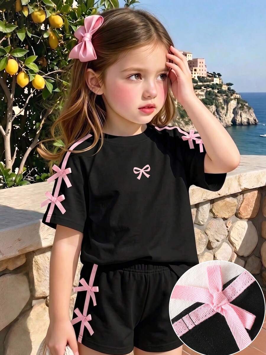 Genkimix Kids Young Girls Casual Light Sports Print Leopard Raglan T-Shirt With Cute Bow Front, Contrast Pink Knit Jersey Fabric, Y2K Retro Double Stripe Leopard Shorts Set, Suitable For Casual Activities, Street Style, Sports