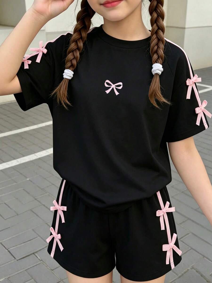 Genkimix Kids Young Girls Casual Light Sports Print Leopard Raglan T-Shirt With Cute Bow Front, Contrast Pink Knit Jersey Fabric, Y2K Retro Double Stripe Leopard Shorts Set, Suitable For Casual Activities, Street Style, Sports