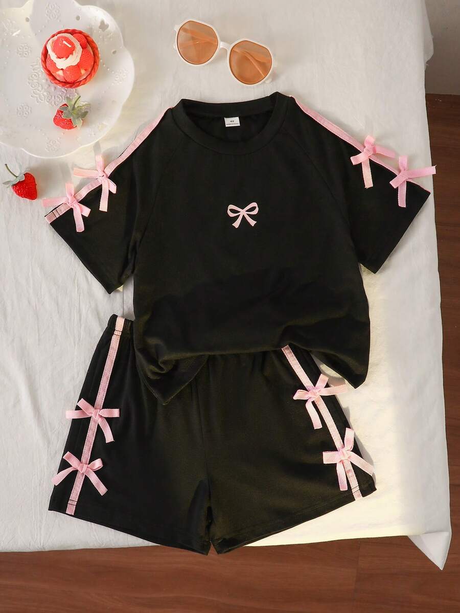 Genkimix Kids Young Girls Casual Light Sports Print Leopard Raglan T-Shirt With Cute Bow Front, Contrast Pink Knit Jersey Fabric, Y2K Retro Double Stripe Leopard Shorts Set, Suitable For Casual Activities, Street Style, Sports