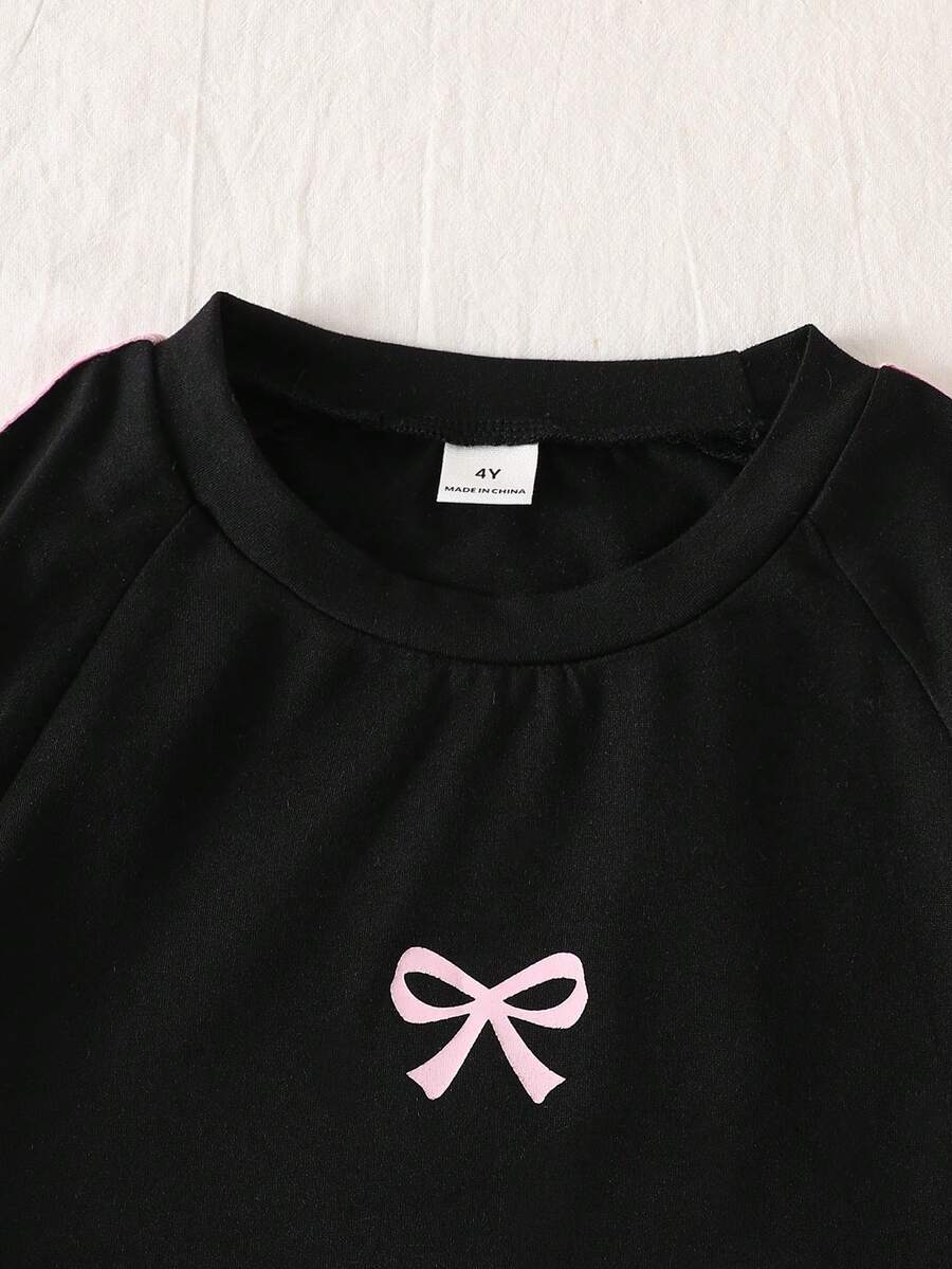 Genkimix Kids Young Girls Casual Light Sports Print Leopard Raglan T-Shirt With Cute Bow Front, Contrast Pink Knit Jersey Fabric, Y2K Retro Double Stripe Leopard Shorts Set, Suitable For Casual Activities, Street Style, Sports