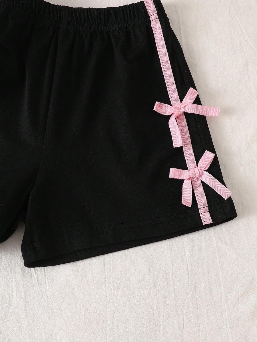 Genkimix Kids Young Girls Casual Light Sports Print Leopard Raglan T-Shirt With Cute Bow Front, Contrast Pink Knit Jersey Fabric, Y2K Retro Double Stripe Leopard Shorts Set, Suitable For Casual Activities, Street Style, Sports