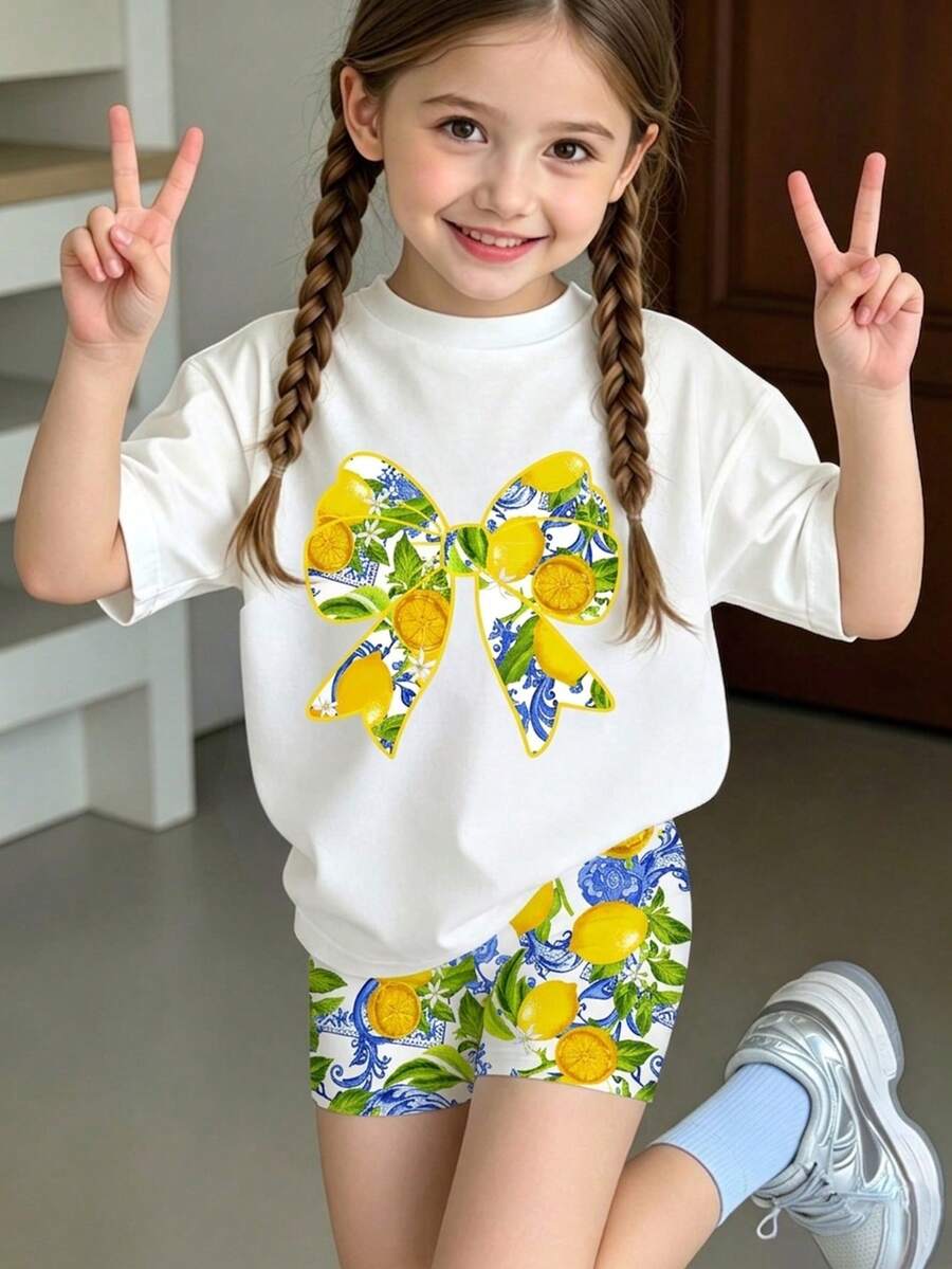 Elladie kids 2pcs/Set 4-7 Years Old Girls Toddler Outfits,Summer Cherry Bow Print Blue & White Striped Round Neck Short Sleeve T-Shirt + Shorts,Fresh Cute Style