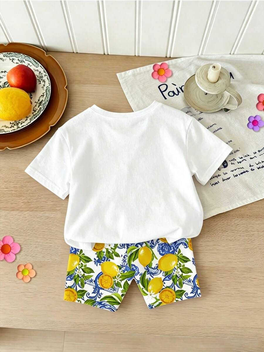 Elladie kids 2pcs/Set 4-7 Years Old Girls Toddler Outfits,Summer Cherry Bow Print Blue & White Striped Round Neck Short Sleeve T-Shirt + Shorts,Fresh Cute Style