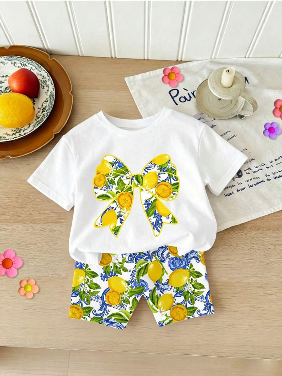 Elladie kids 2pcs/Set 4-7 Years Old Girls Toddler Outfits,Summer Cherry Bow Print Blue & White Striped Round Neck Short Sleeve T-Shirt + Shorts,Fresh Cute Style