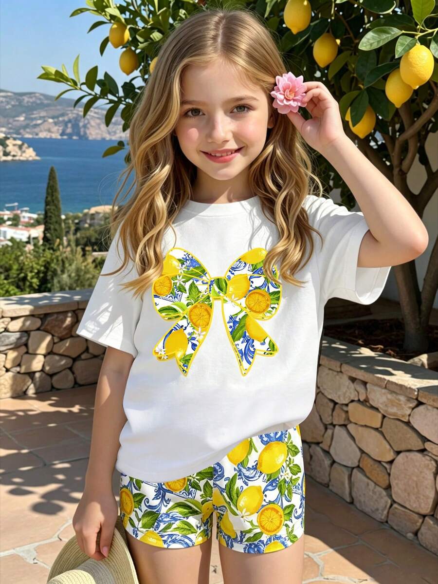 Elladie kids 2pcs/Set 4-7 Years Old Girls Toddler Outfits,Summer Cherry Bow Print Blue & White Striped Round Neck Short Sleeve T-Shirt + Shorts,Fresh Cute Style